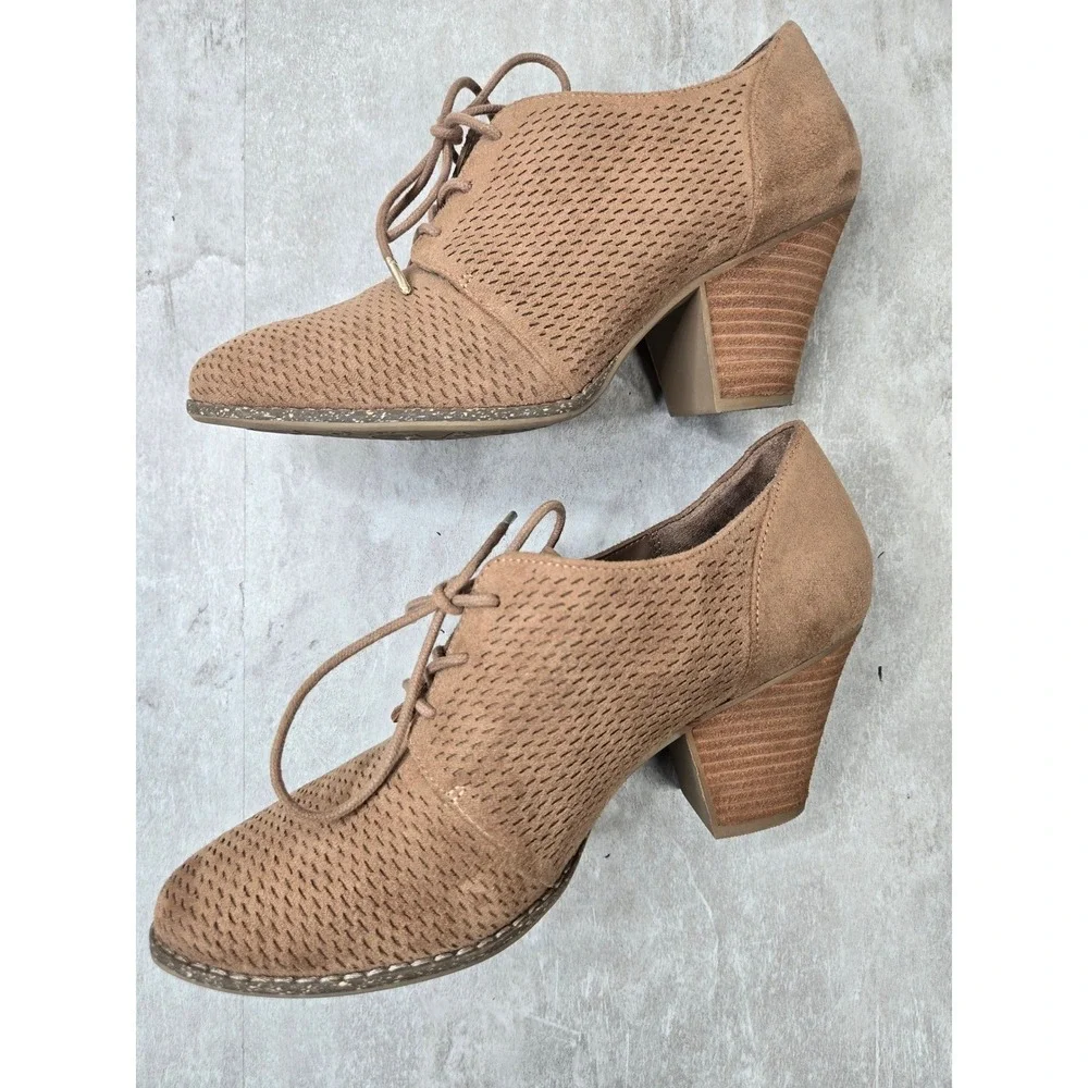 Lace Up Block Heel Oxford Ankle Bootie 8.5 Tan Corduroy Boot Comfort Preppy Twee